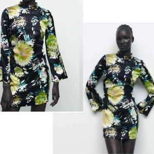 Zara Black satin floral flower print long sleeve high neck mini dress Sz S NWOT